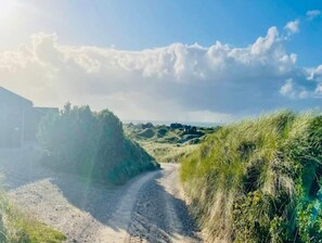Un chemin de gravier traverse un paysage verdoyant, avec un bâtiment situé sur la gauche.