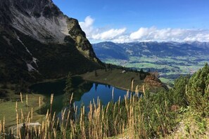 A mountainous landscape with a lake, forested area, and distant village. - Nice Holiday Apartment in Fischen (Fischen im Allgaeu)