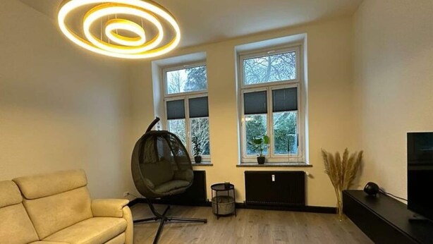 Un salon moderne avec un canapé, un fauteuil suspendu, une petite table et un téléviseur posé sur un meuble noir. Deux fenêtres sont présentes, et des plantes sont disposées sur les rebords de fenêtre.