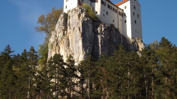 A castle on a rocky cliff surrounded by trees. - Baldauf Modern Retreat (Riedenburg)