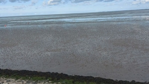 Une plage avec un rivage rocheux et une eau calme.