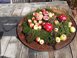 A rustic wooden table with a metal tray containing apples and mushrooms, and a slate with text.