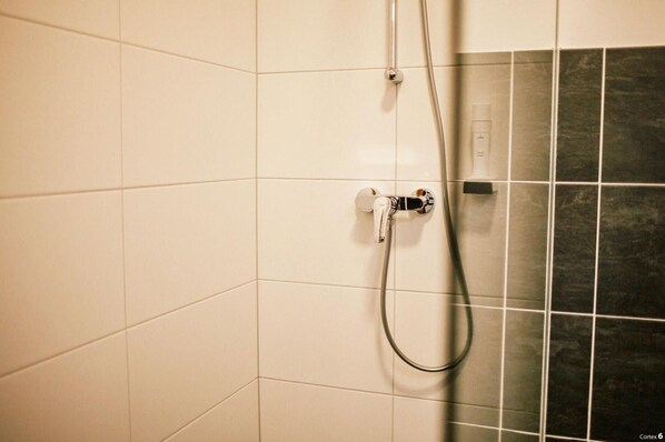 A shower area with a handheld showerhead and a wall-mounted control. - Apartment in Hohentauern With Sauna (Hohentauern)