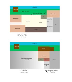 A hotel layout with a lower level including a patio, living room, kitchen, and laundry room. The upper level has an upper deck, crow's nest, and a front door to the Mermaid Bay Getaway.