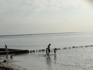 A beach scene with a wooden pier extending into calm waters. - Buschsand Lee Comfortable Holiday Residence (Friedrichskoog)