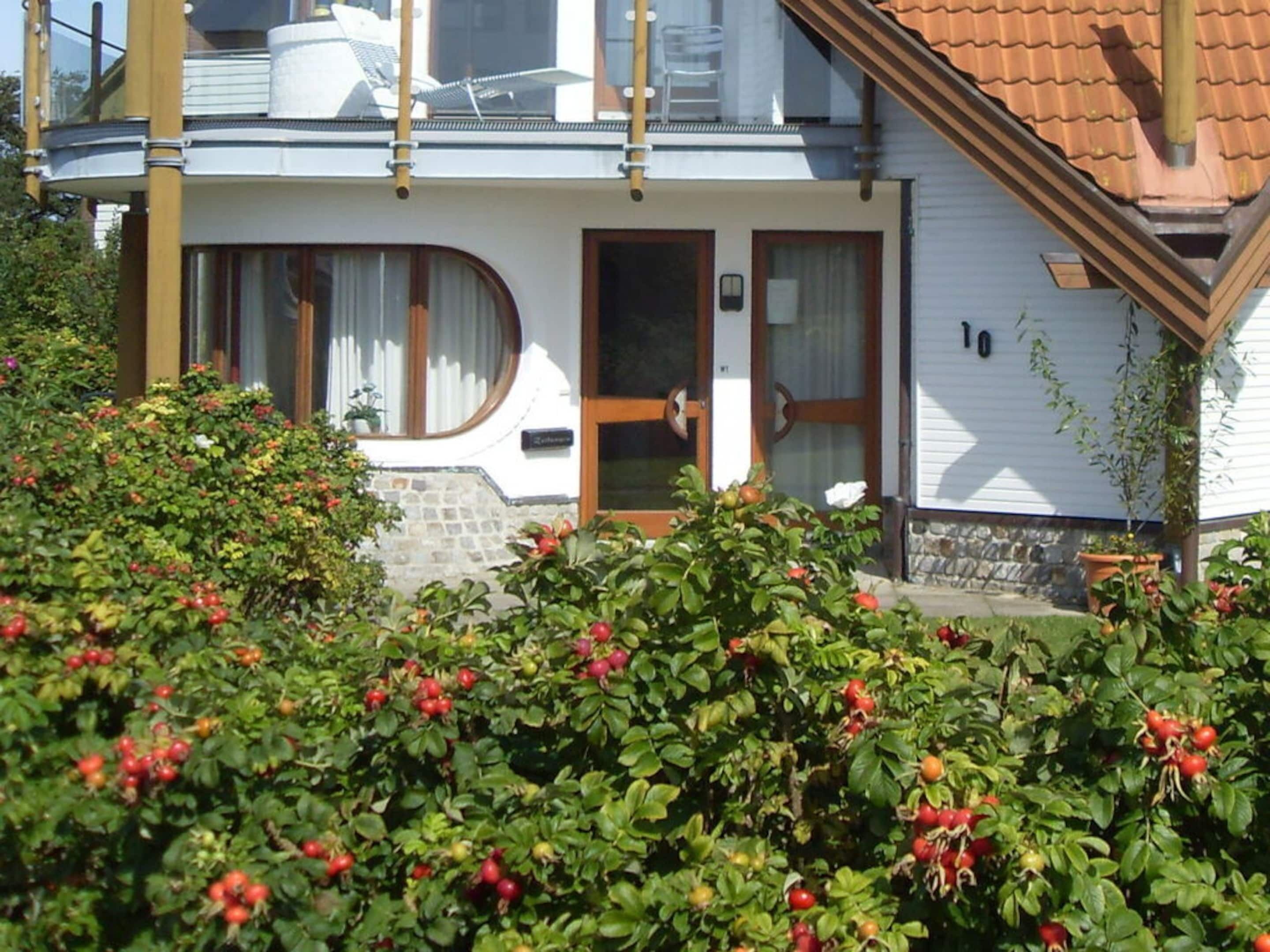 A two-story house with a white exterior, a brown roof, and a wooden door. There is a small garden with green bushes and red berries in the foreground.