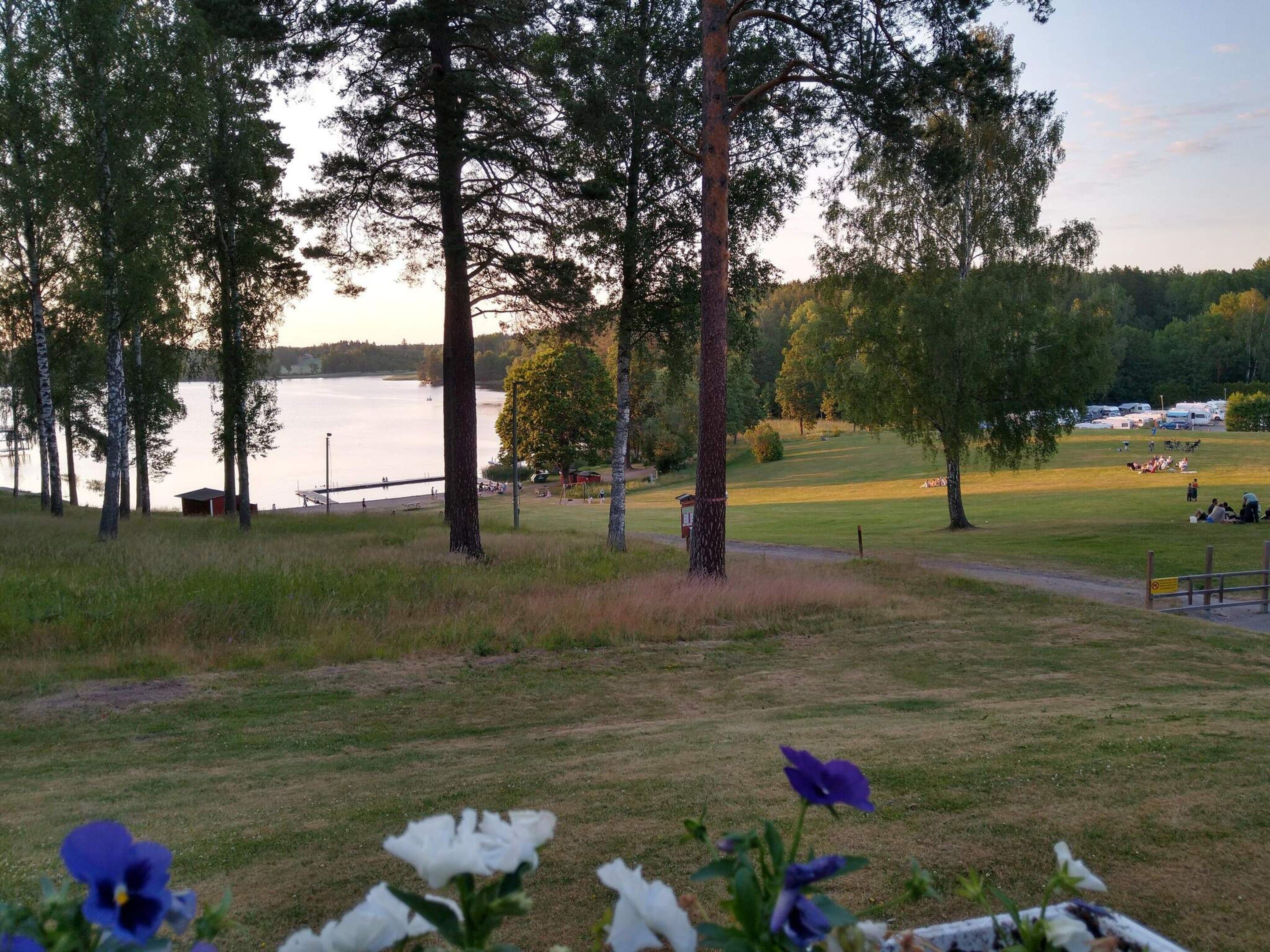Un parque junto al lago con zonas de picnic, un pequeño edificio y altos árboles.