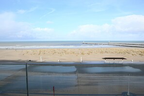 Vista de una playa con un muelle que se adentra en el agua, arena dorada y una zona de estar cubierta.