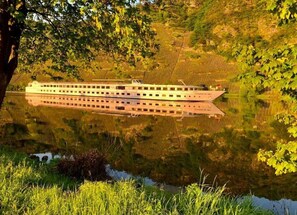 Un bateau de croisière fluviale à plusieurs ponts, entouré d’une végétation luxuriante et dont l’image se reflète dans l’eau.