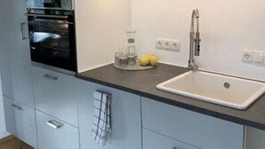 A modern kitchen with grey cabinets, a black oven, a stainless steel sink, and a countertop with a glass container and lemons. - Holiday Apartment by the Pond (Kamp-Bornhofen)