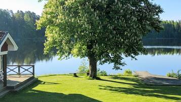 A lakeside property with a wooden dock, a grassy lawn, and a small building with a balcony.