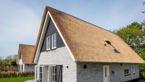 A modern house with a steeply pitched roof, large windows, and a well-maintained lawn. - Villa on Texel Near Beach and Forest (De Koog)