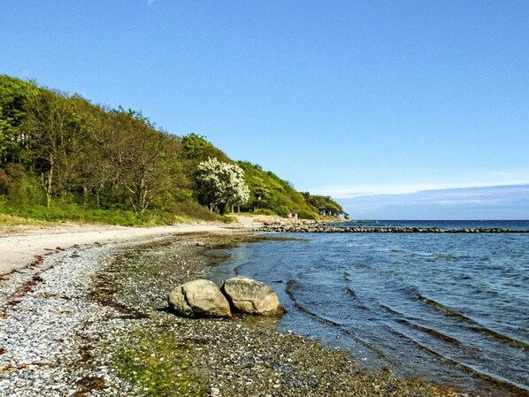 Un paysage côtier comprenant une plage de galets, un promontoire rocheux et une colline boisée.