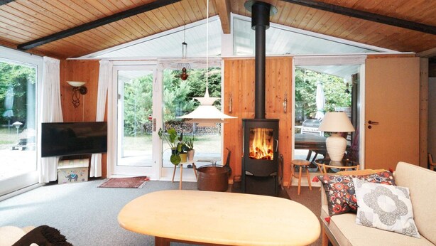 A cozy living room with a wooden ceiling, a fireplace, a television, and a sofa with cushions. - 5 Person Holiday Home in Frederiksvaerk (Frederiksvaerk)