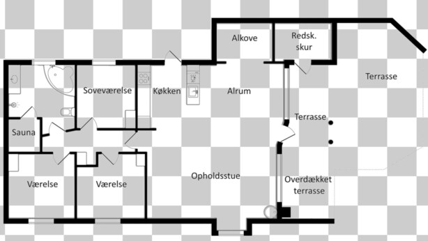 A hotel layout with multiple ensuite bathrooms, a sauna, a kitchen, and a terrace. - 6 Person Holiday Home in Norre Nebel (Norre Nebel)