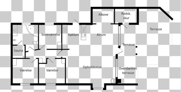 A hotel layout with multiple ensuite bathrooms, a sauna, a kitchen, and a terrace.