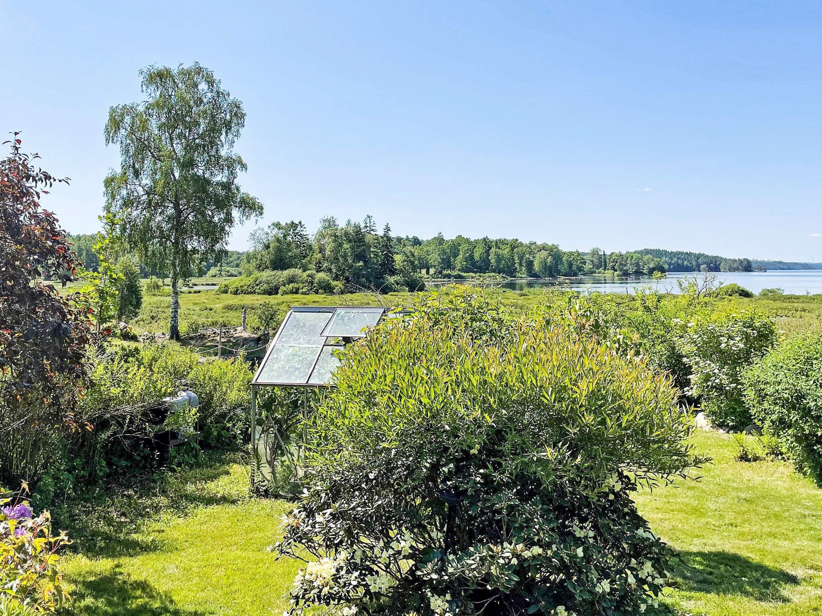 Un lussureggiante giardino con uno stagno, alberi e un cielo sereno.