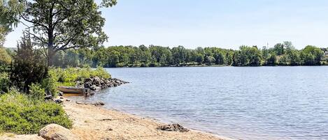 A sandy beach with a calm lake, surrounded by dense trees and a clear sky.
