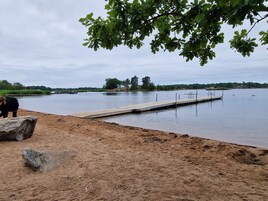 Vista de un lago con un muelle que se extiende sobre el agua, rodeado de árboles y una orilla arenosa.