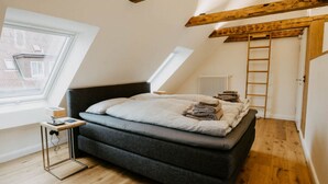 A bedroom with a loft bed, a skylight, a radiator, and a wooden ladder. - Princess Street No8 Comfortable Holiday Residence (Friedrichstadt)