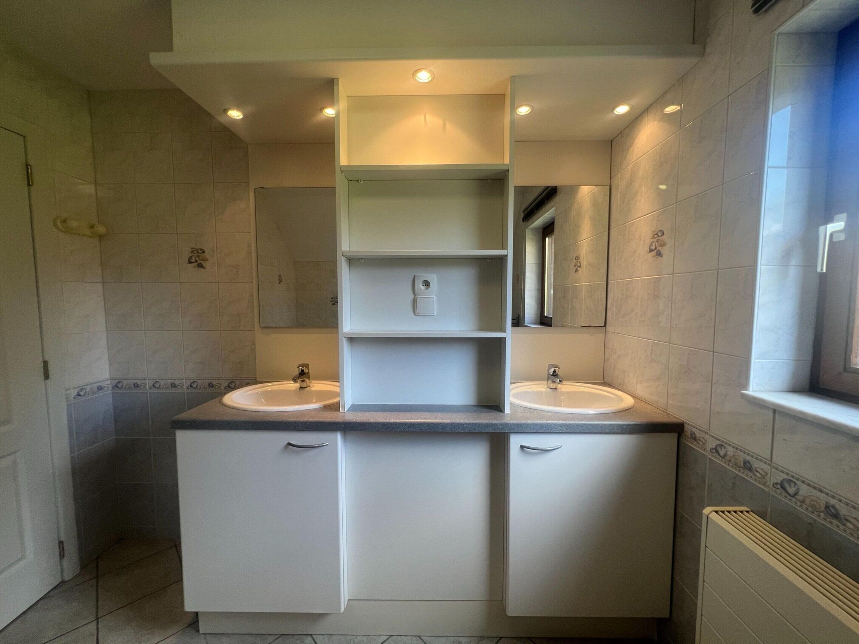 A bathroom with two sinks, a mirror, and a shelf unit.