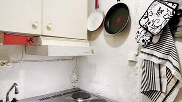 A compact kitchen with a sink, two stovetops, and a red-handled pan.