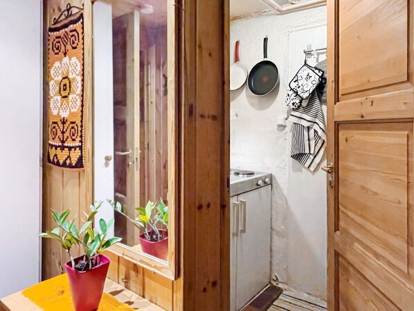 A narrow corridor with wooden doors, a small window with a view, and a potted plant on a wooden table.
