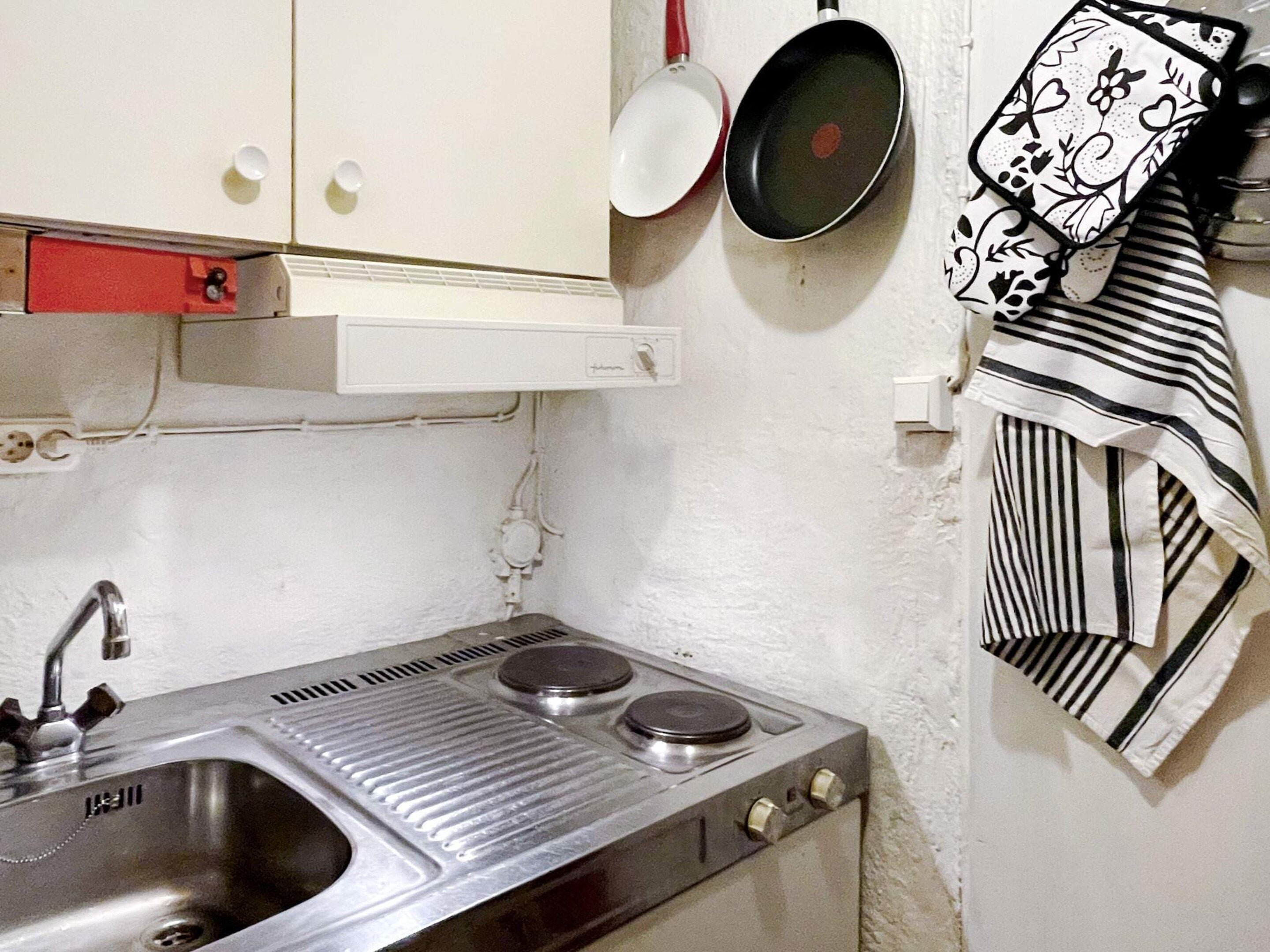 A compact kitchen with a sink, two burners, and a small countertop.