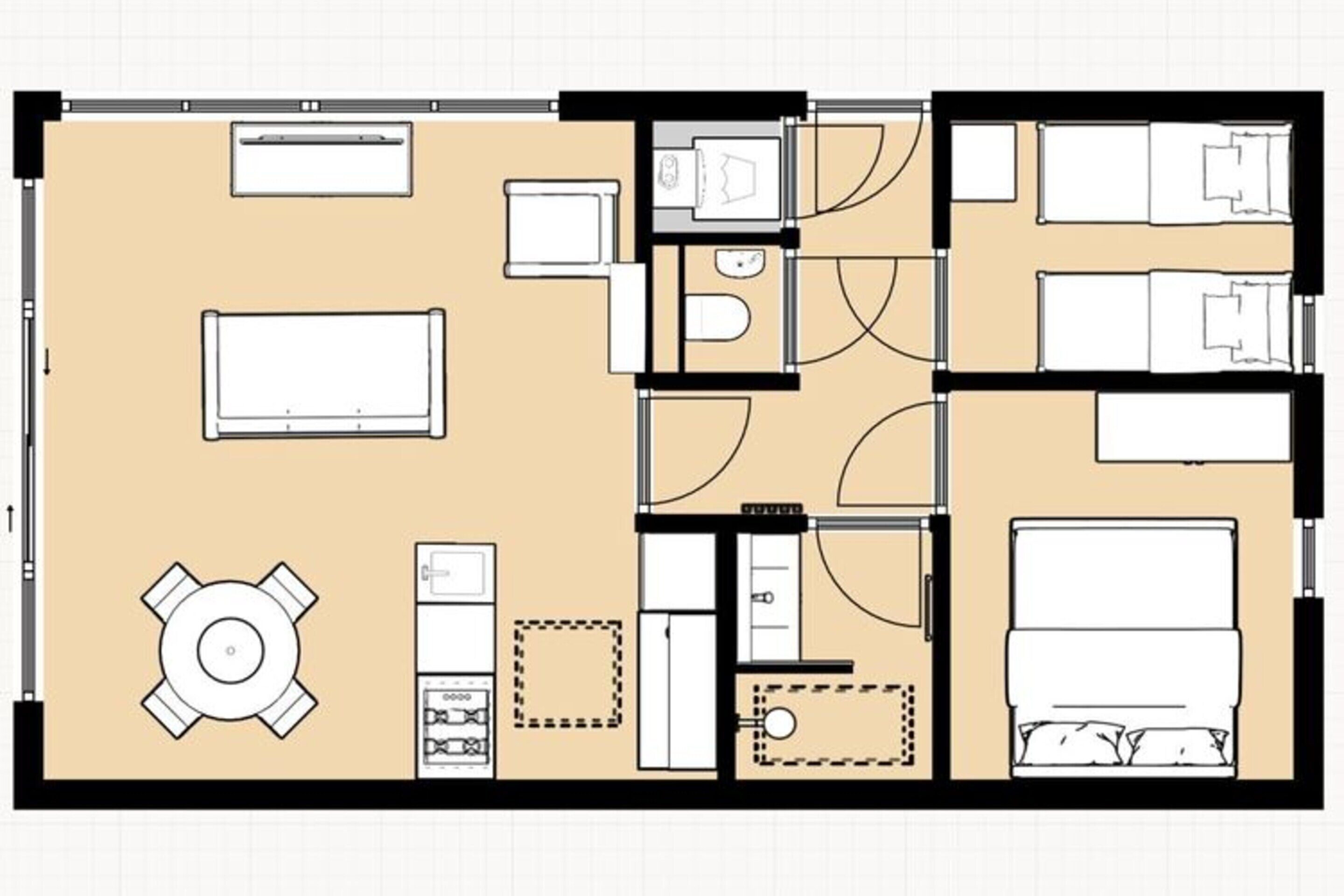A hotel room layout with a bed, desk, chair, and a small kitchenette.