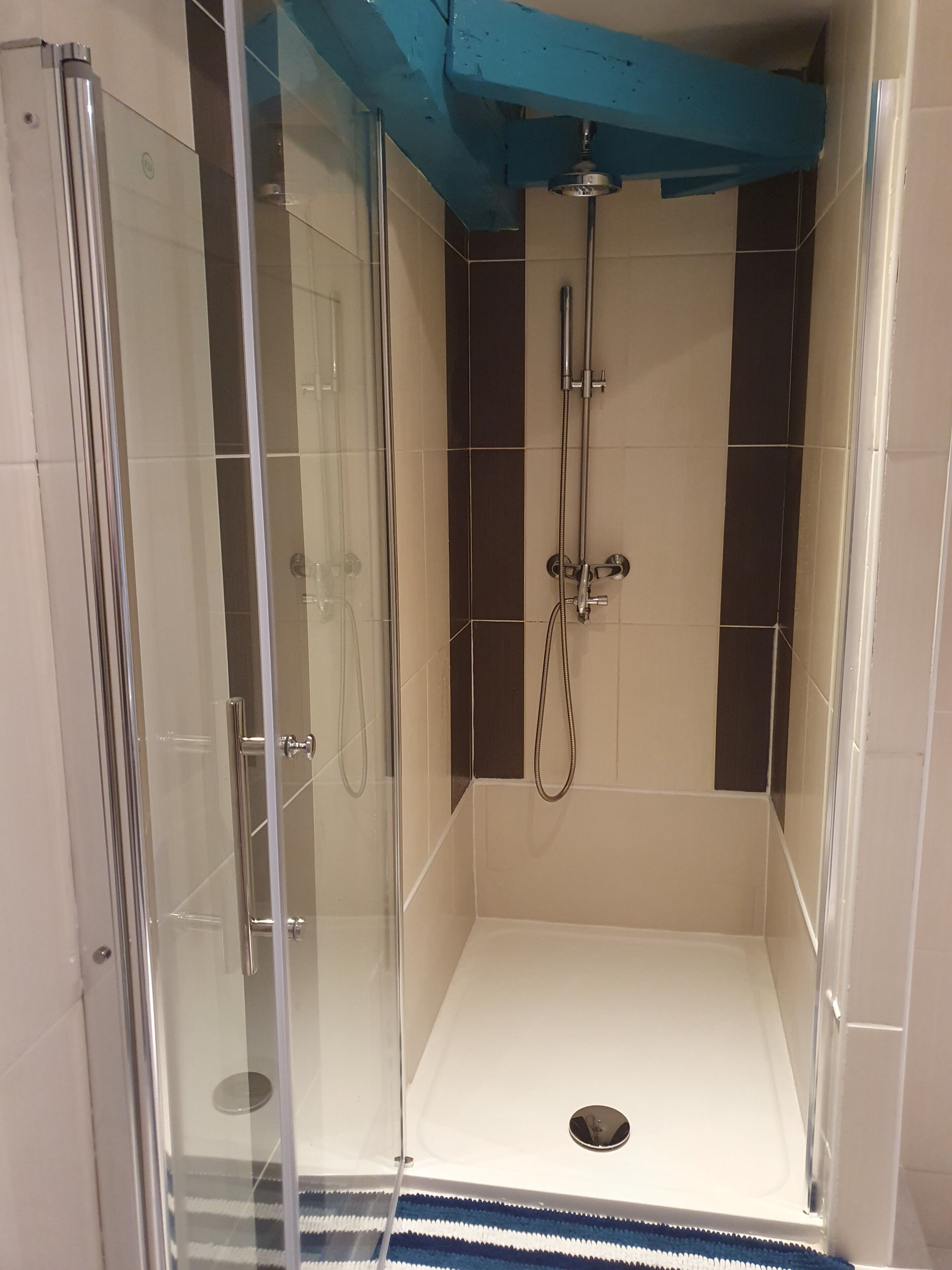 A glass-enclosed shower stall with a white floor, a showerhead, and a handheld shower attachment.