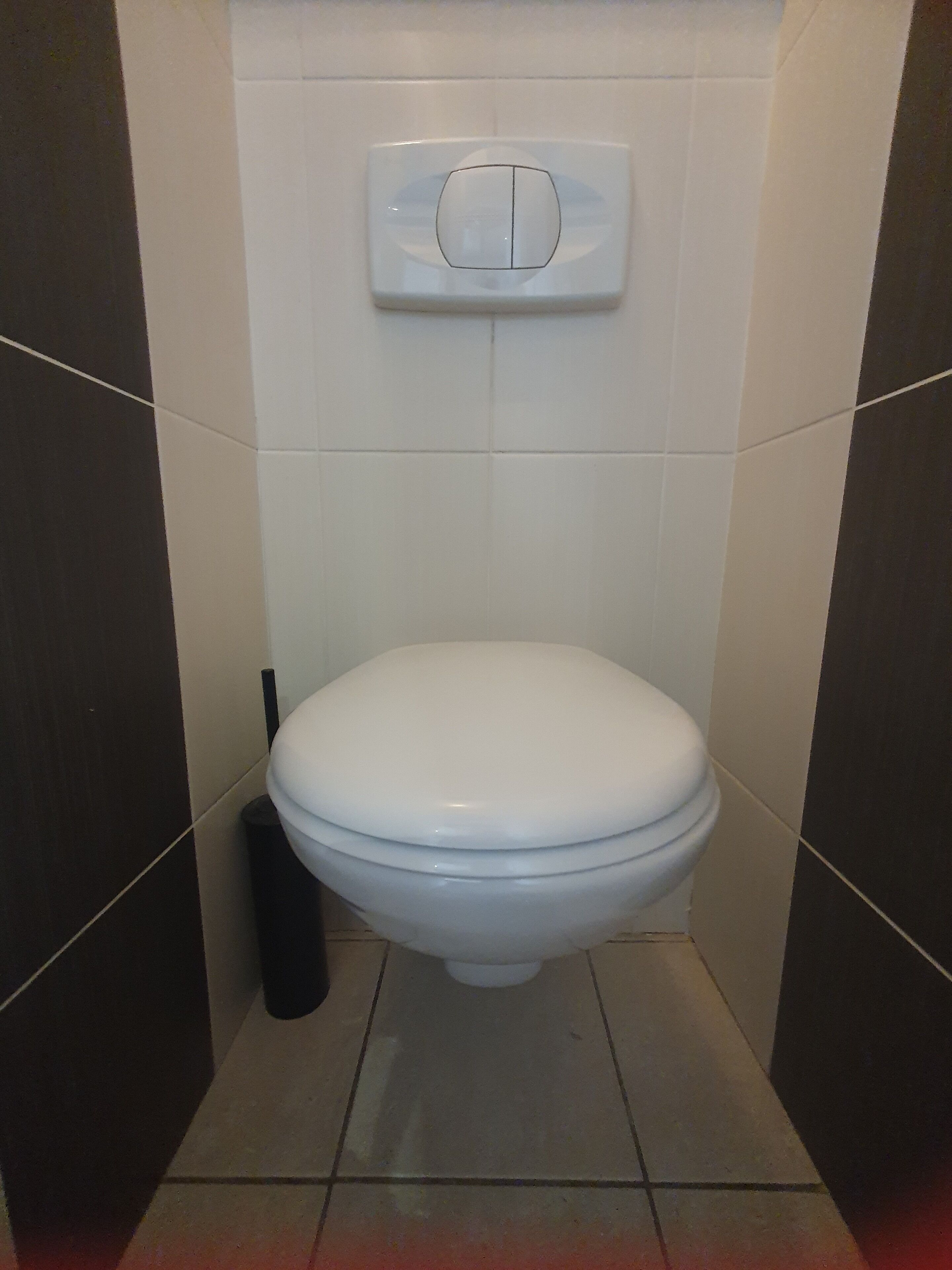 Des toilettes blanches classiques dans une salle de bain dont les murs et le sol sont recouverts de carreaux foncés.