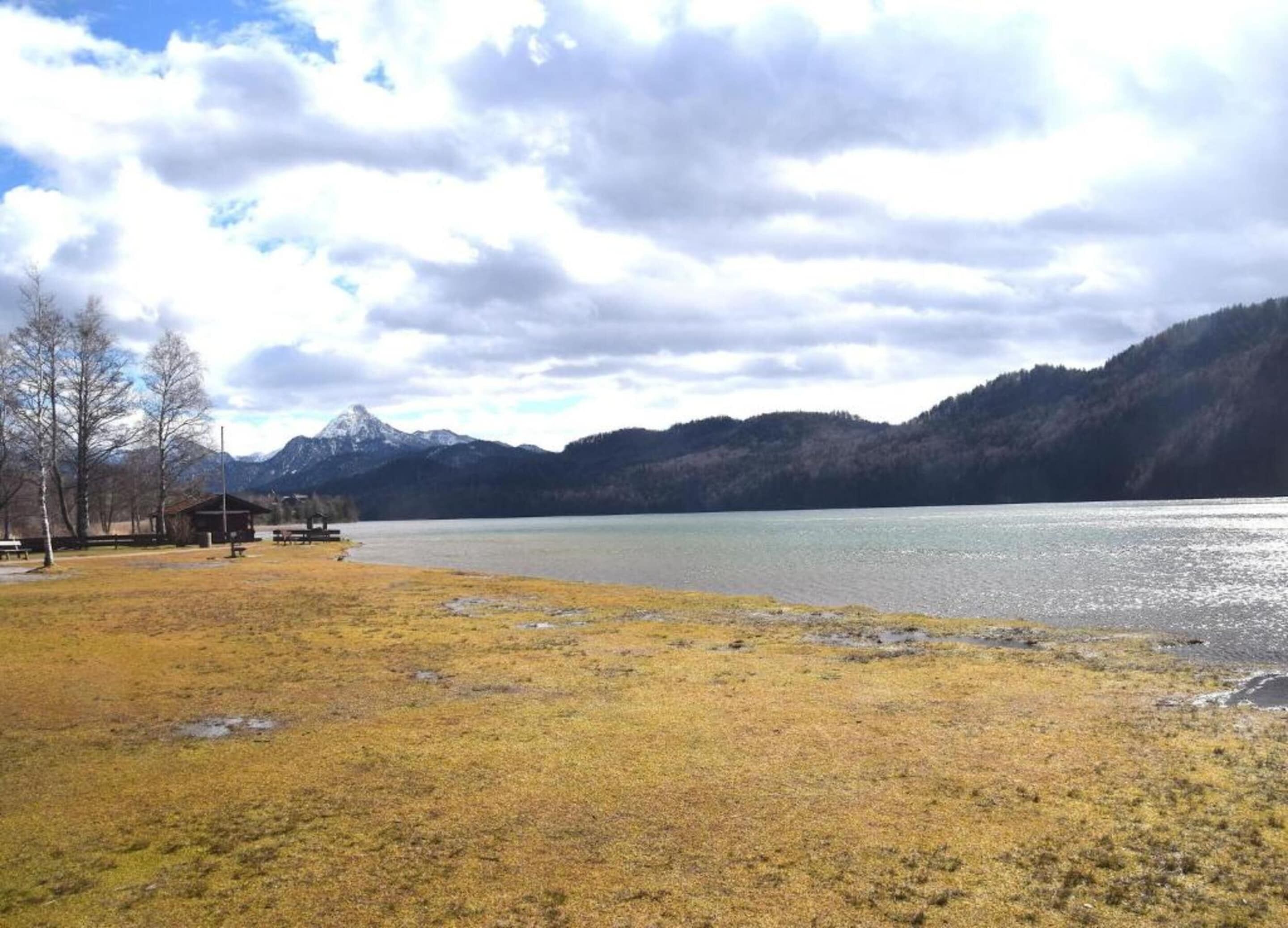 A lakeside view with a wooden cabin, a grassy area, and mountains in the background.