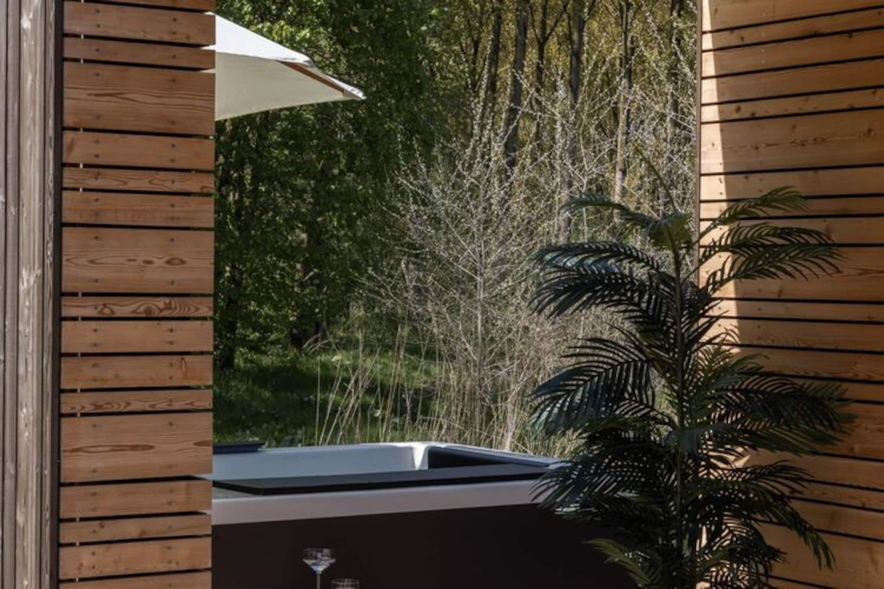 Un espace extérieur doté d’une structure en bois, avec une piscine, entouré d’arbres et agrémenté de plantes en pot.