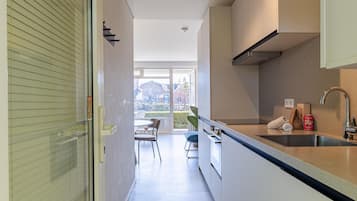 Una cocina estrecha con ventana, un lavabo y una silla.