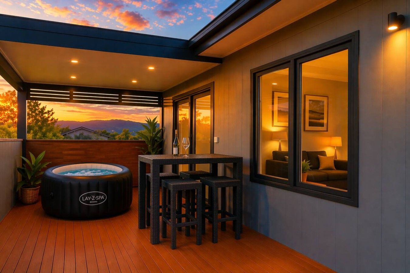 Un patio moderno al aire libre con un jacuzzi, asientos y vistas a la puesta de sol.