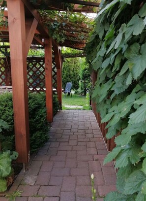 A wooden pergola with a brick pathway leading to a garden area. - Harz Enjoyment Modern Retreat (Wernigerode)
