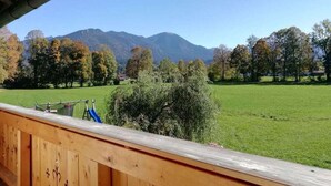 A wooden balcony overlooking a grassy field with trees and mountains in the background.