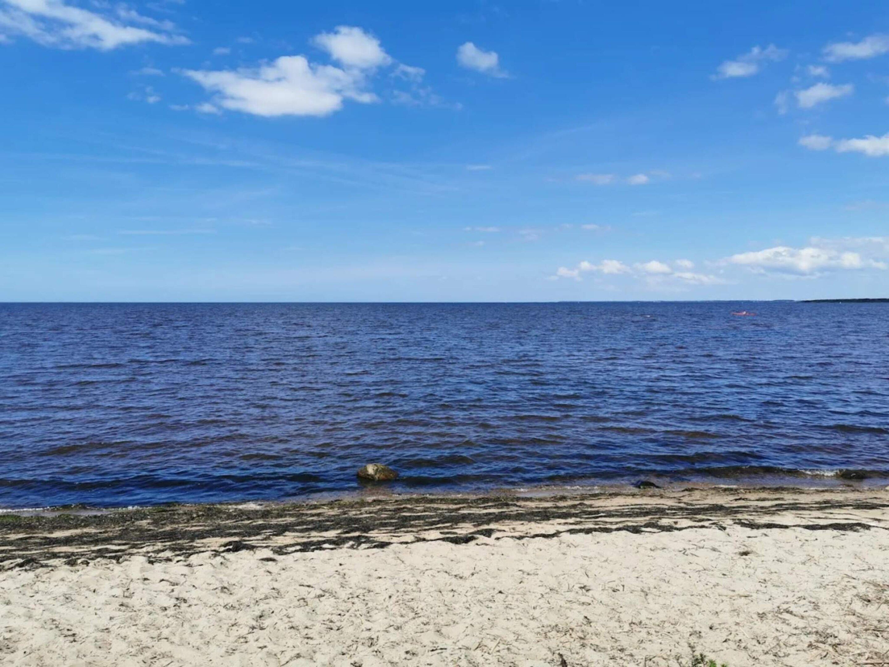 Una playa con agua azul cristalina y una orilla arenosa.