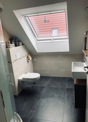 A small, modern bathroom with a skylight, a toilet, and a sink. - Dat Ankerhuus Timmel (Grosefehn)