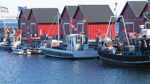 En havn med flere både fortøjret foran røde bygninger med sorte tage.