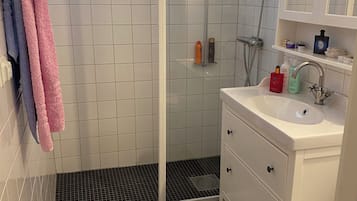 Secadora de cabello, toallas, jabón, papel de baño