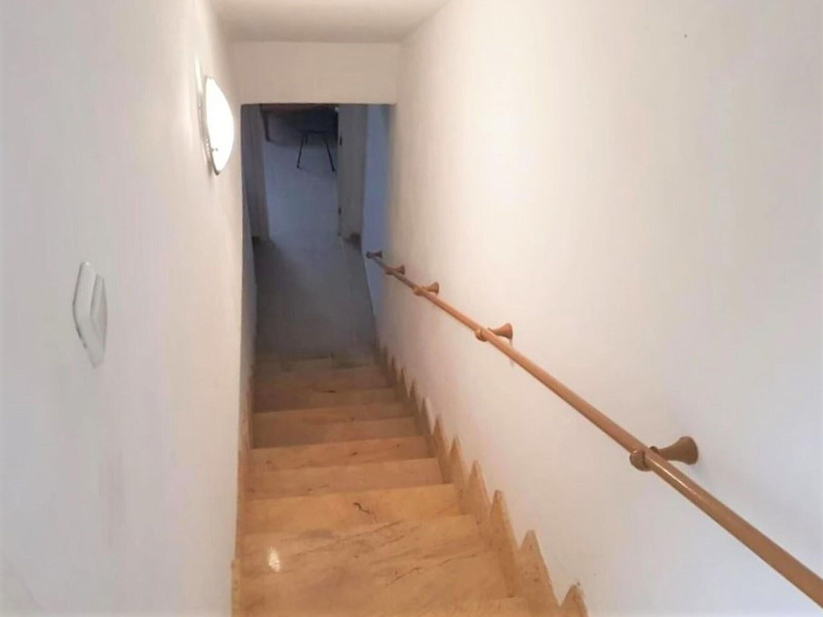 A narrow staircase with wooden steps and a metal handrail.