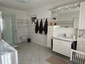 A modern bathroom with a glass shower enclosure, white tiles, a toilet, and a vanity with a mirror and sink. - Cuddly Shell Modern Retreat (Scharbeutz)