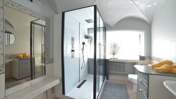 Shower, hair dryer, towels, toilet paper