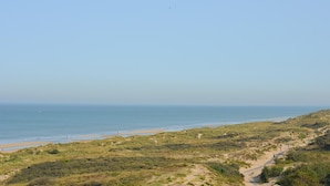 A coastal landscape with a beach, grassy dunes, and a clear sky.