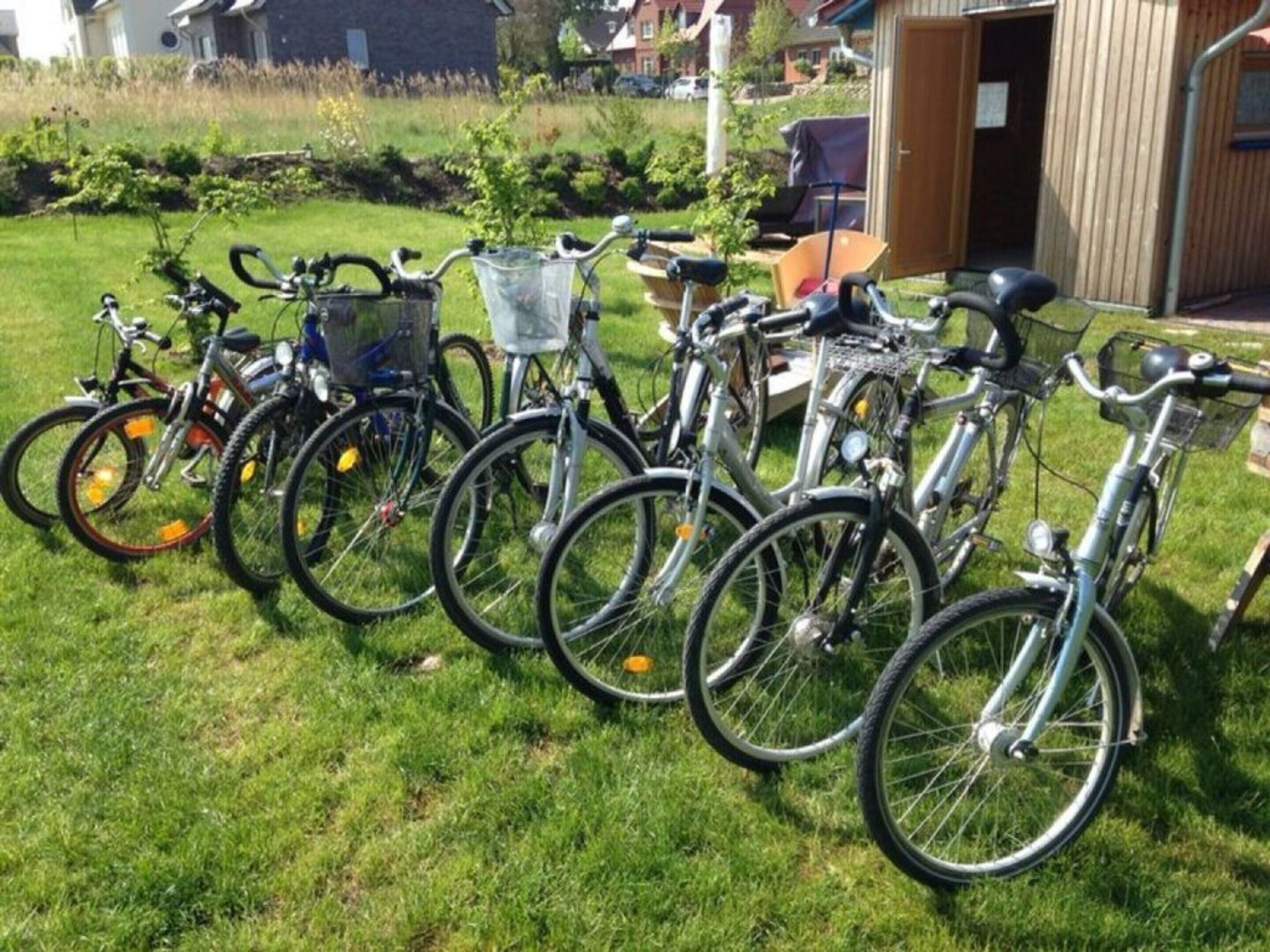 A row of bicycles parked on a grassy lawn.