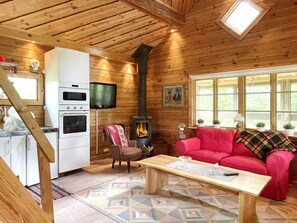 Interior acolhedor de uma cabana com lareira, um sofá, uma televisão e uma área de cozinha.
