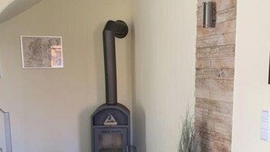 A modern interior with a stone accent wall, a grey fireplace, and a potted plant. - Just Before the Cape, Holiday Home B (Putgarten)