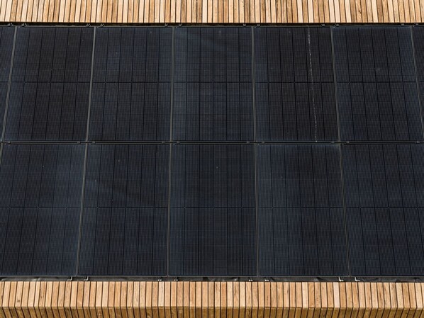 A large, flat surface with a grid pattern, likely a solar panel array, mounted on a wooden structure. - Holiday Home in Drenthe With Sauna (Appelscha)