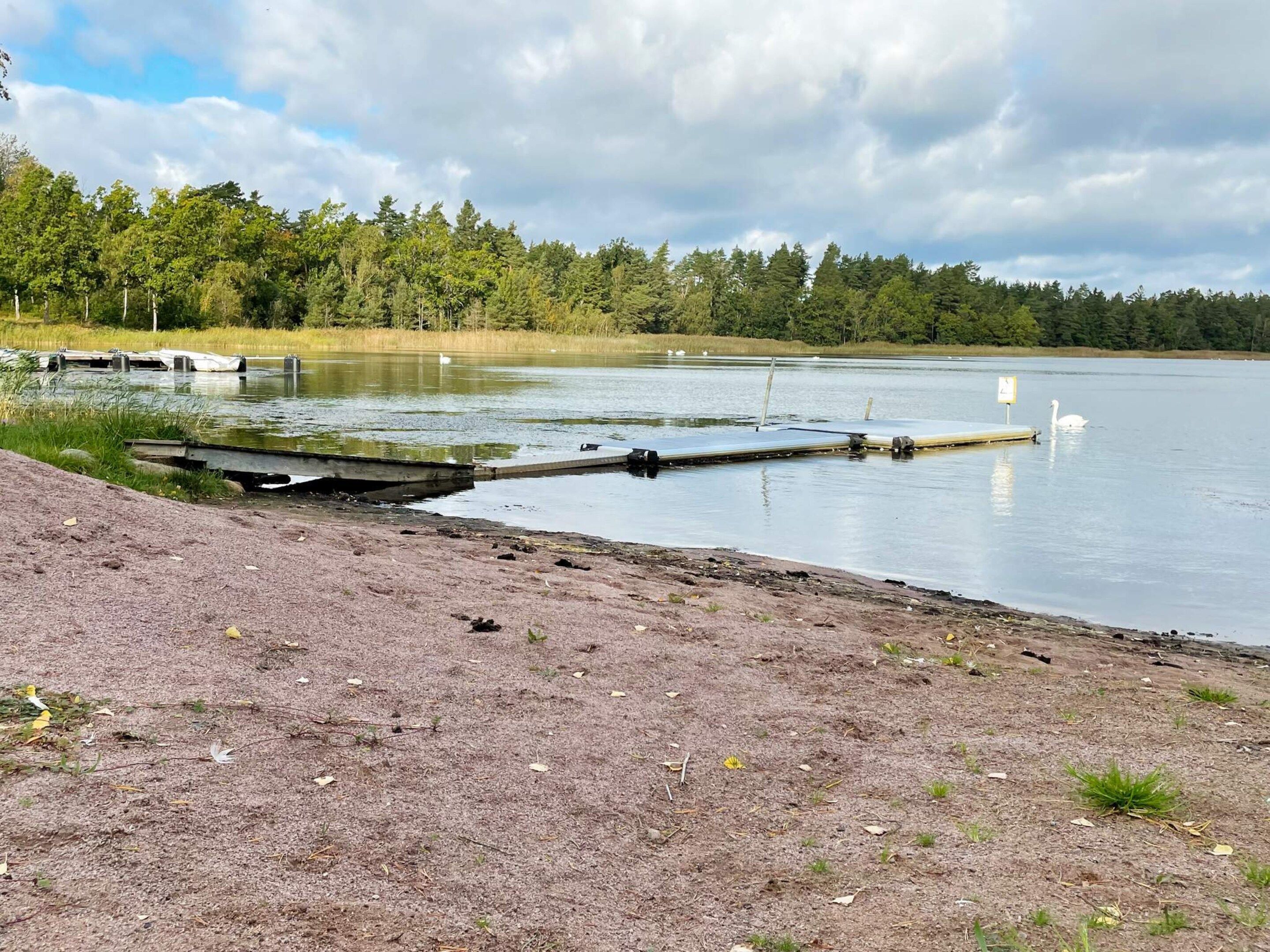 A lakeside view with a dock extending into the water, surrounded by trees and a clear sky.